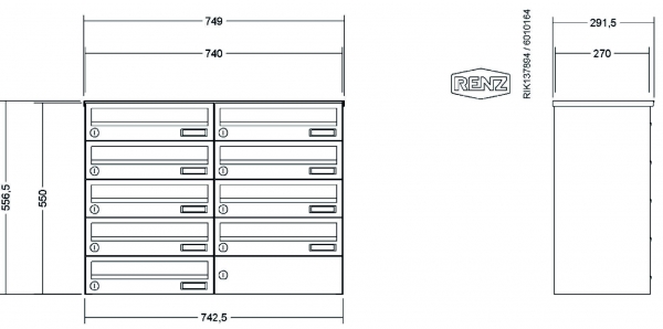 RENZ Briefkastenanlage Aufputz, Verkleidung Basic B, Kastenformat 370x110x270mm, 9-teilig